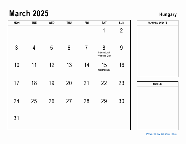 March 2025 Printable Monthly Calendar with Hungary Holidays