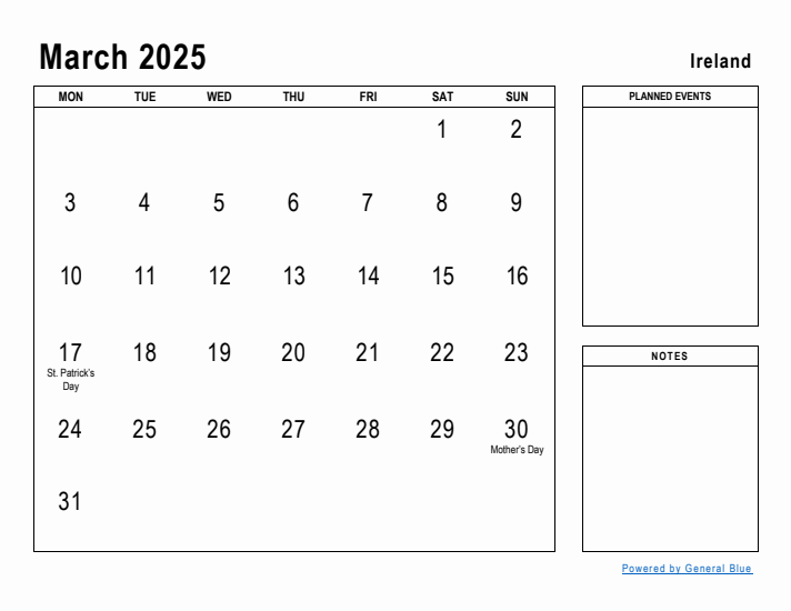 March 2025 Printable Monthly Calendar with Ireland Holidays