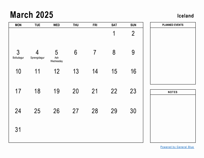 March 2025 Printable Monthly Calendar with Iceland Holidays