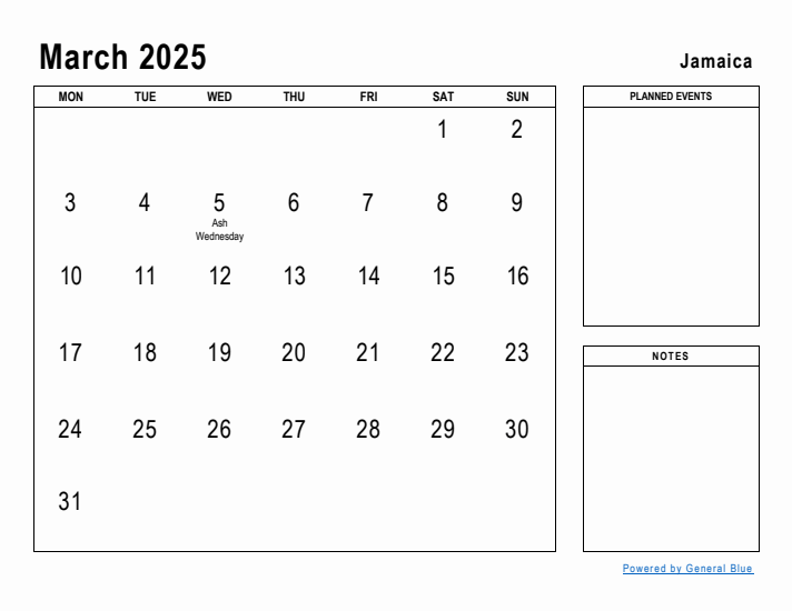 March 2025 Printable Monthly Calendar with Jamaica Holidays