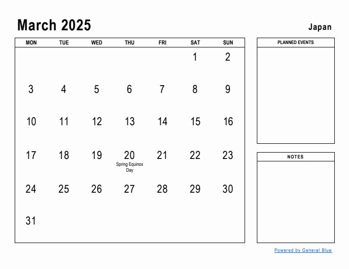 March 2025 Printable Monthly Calendar with Japan Holidays