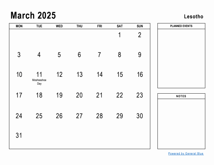 March 2025 Printable Monthly Calendar with Lesotho Holidays