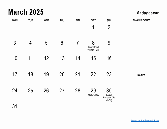 March 2025 Printable Monthly Calendar with Madagascar Holidays