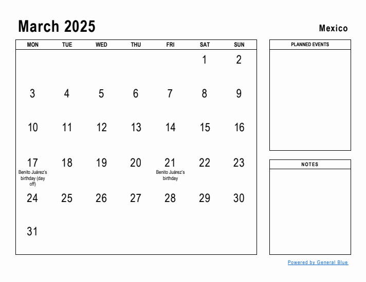 March 2025 Printable Monthly Calendar with Mexico Holidays