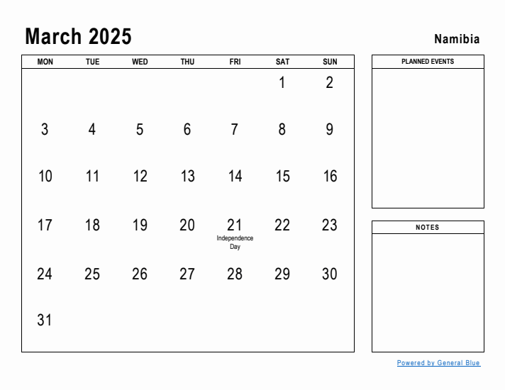 March 2025 Printable Monthly Calendar with Namibia Holidays