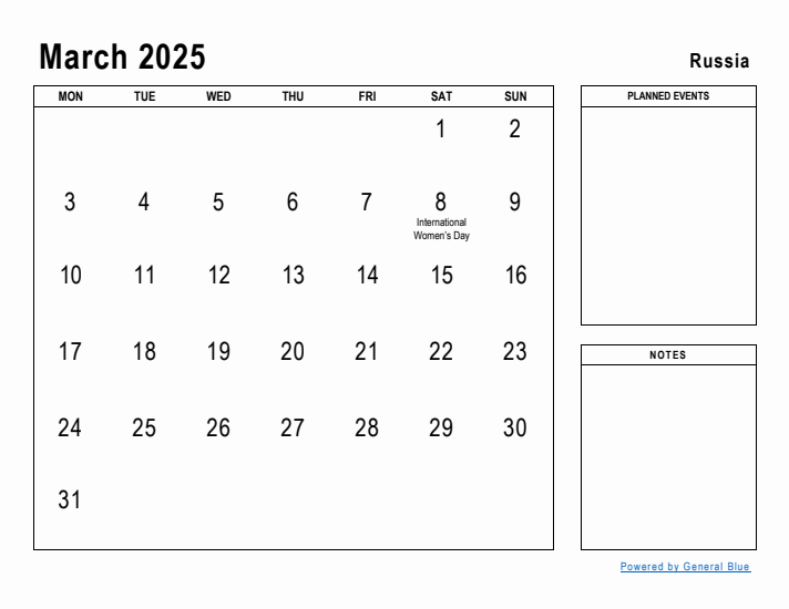 March 2025 Printable Monthly Calendar with Russia Holidays