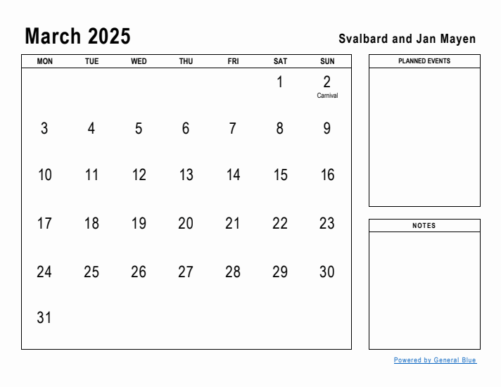 March 2025 Printable Monthly Calendar with Svalbard and Jan Mayen Holidays