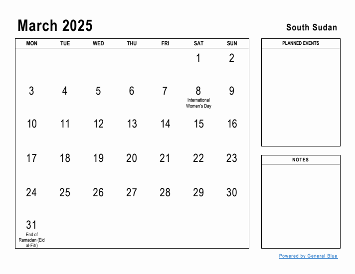 March 2025 Printable Monthly Calendar with South Sudan Holidays