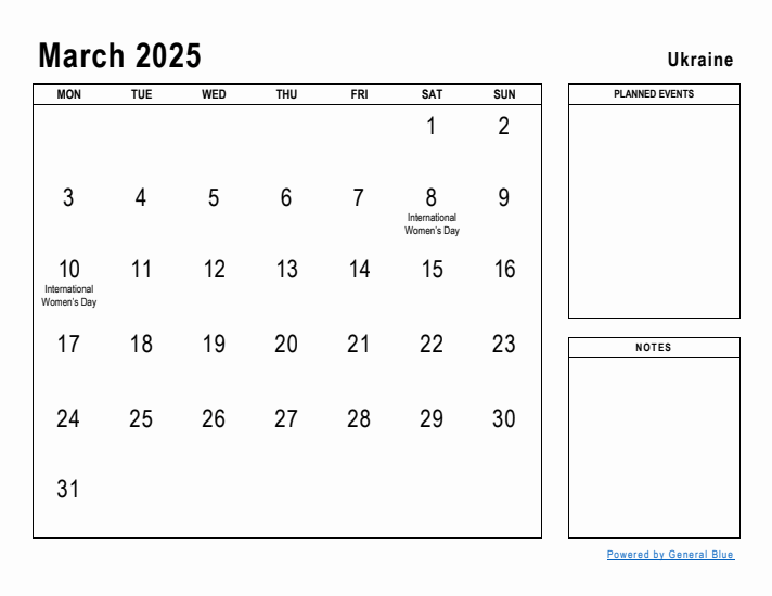 March 2025 Printable Monthly Calendar with Ukraine Holidays