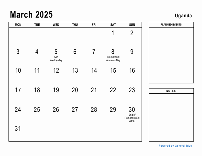 March 2025 Printable Monthly Calendar with Uganda Holidays