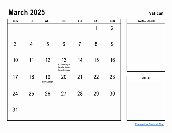 March 2025 Printable Monthly Calendar with Vatican Holidays