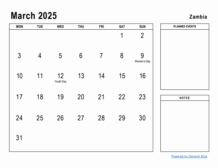 March 2025 Printable Monthly Calendar with Zambia Holidays