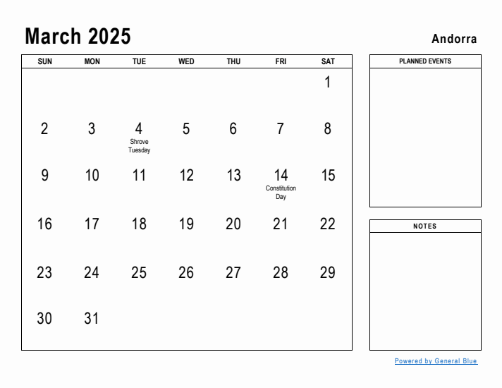 March 2025 Printable Monthly Calendar with Andorra Holidays