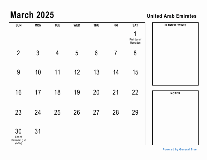 March 2025 Printable Monthly Calendar with United Arab Emirates Holidays