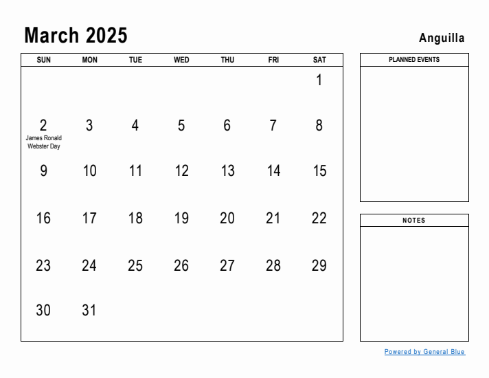 March 2025 Printable Monthly Calendar with Anguilla Holidays