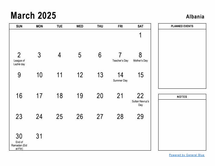 March 2025 Printable Monthly Calendar with Albania Holidays