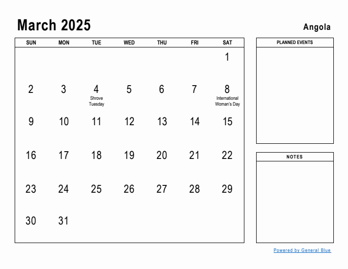 March 2025 Printable Monthly Calendar with Angola Holidays