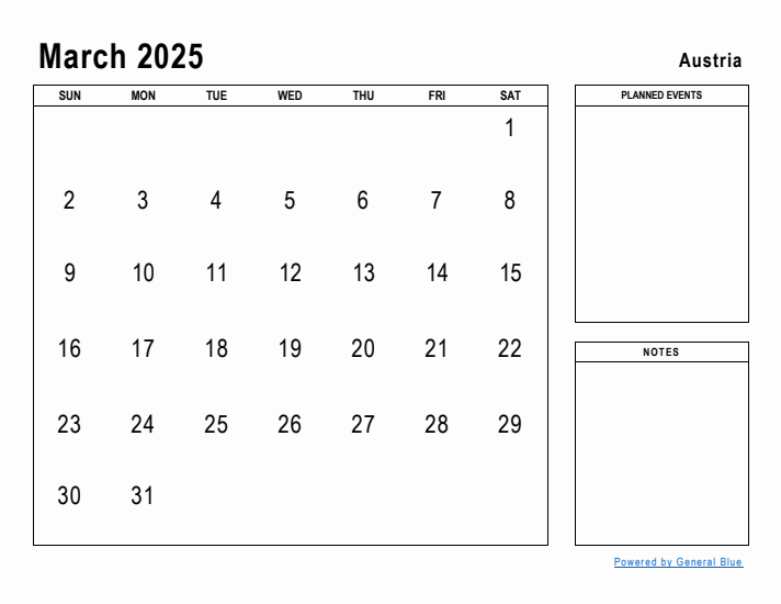 March 2025 Printable Monthly Calendar with Austria Holidays