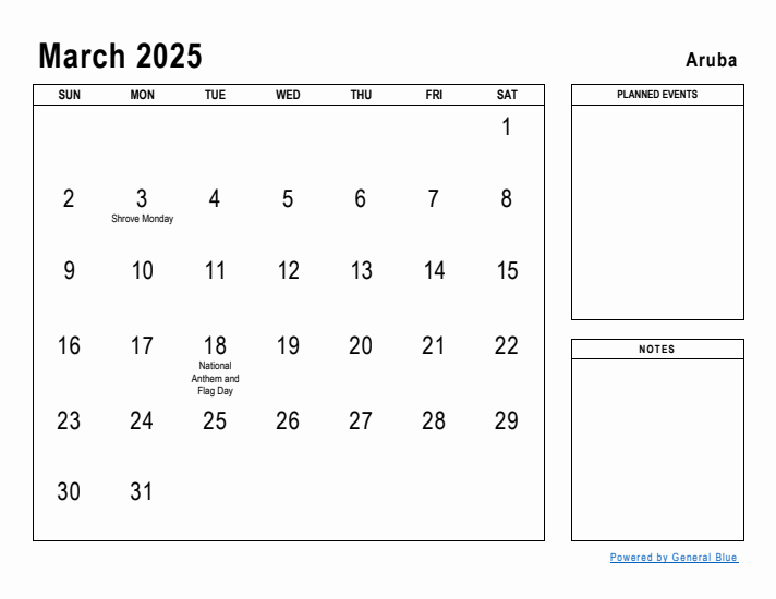 March 2025 Printable Monthly Calendar with Aruba Holidays