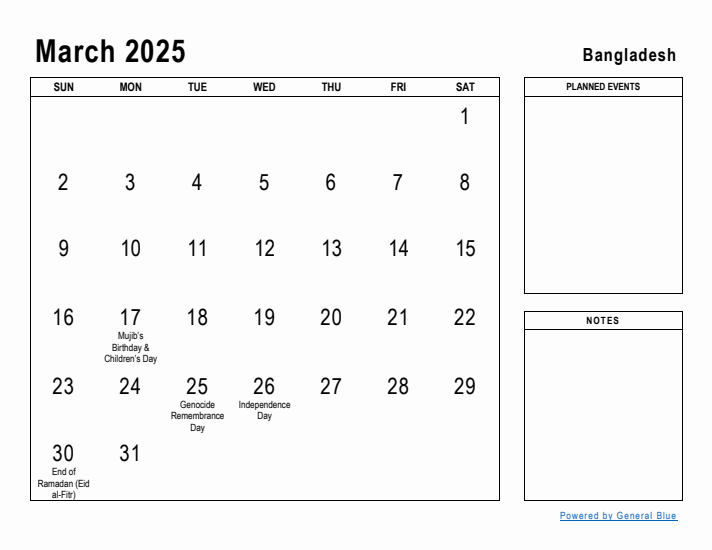 March 2025 Printable Monthly Calendar with Bangladesh Holidays