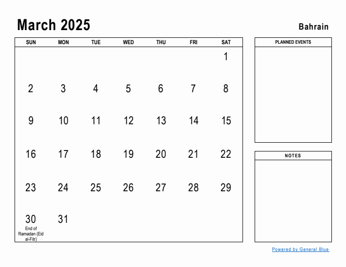 March 2025 Printable Monthly Calendar with Bahrain Holidays