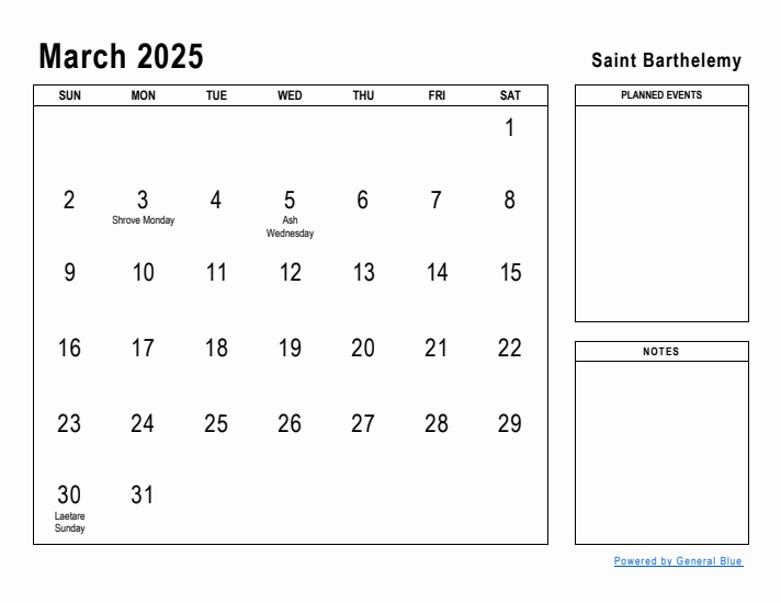 March 2025 Printable Monthly Calendar with Saint Barthelemy Holidays