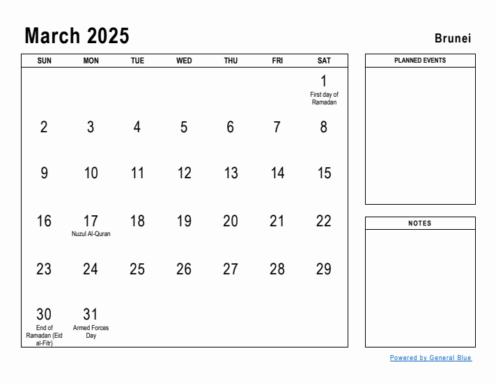 March 2025 Printable Monthly Calendar with Brunei Holidays