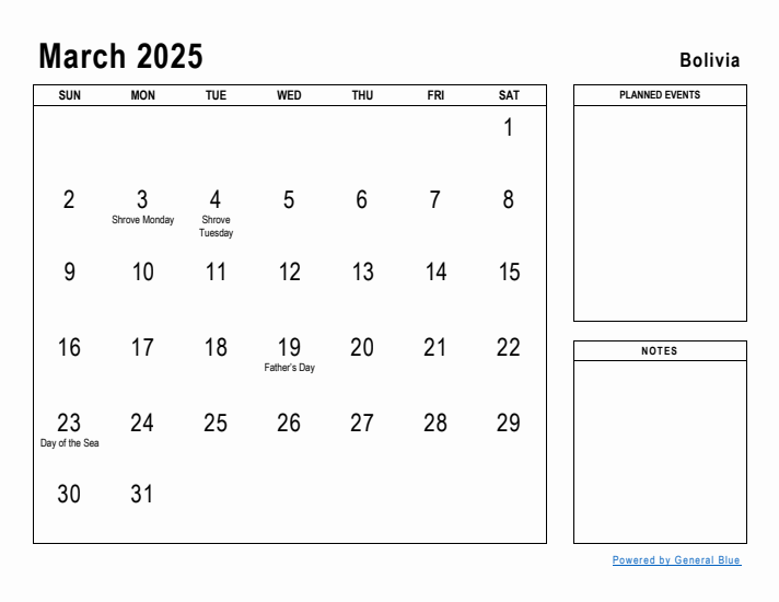 March 2025 Printable Monthly Calendar with Bolivia Holidays