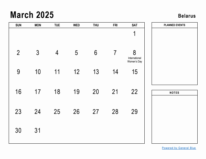 March 2025 Printable Monthly Calendar with Belarus Holidays