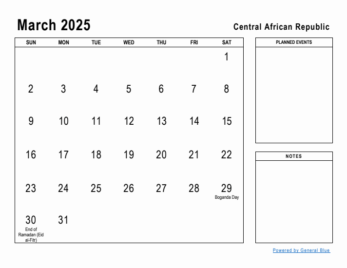 March 2025 Printable Monthly Calendar with Central African Republic Holidays