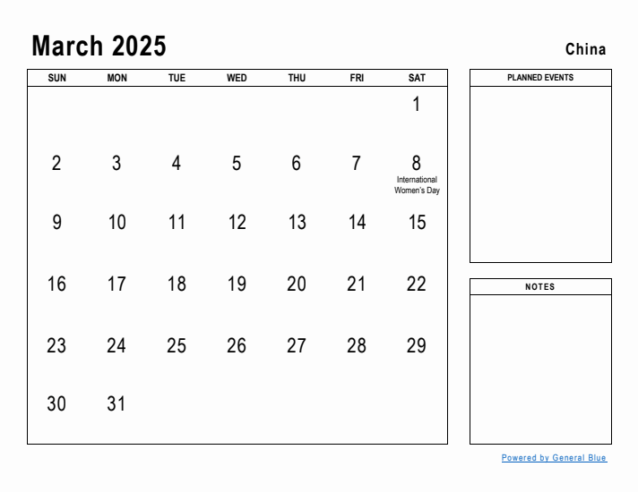 March 2025 Printable Monthly Calendar with China Holidays