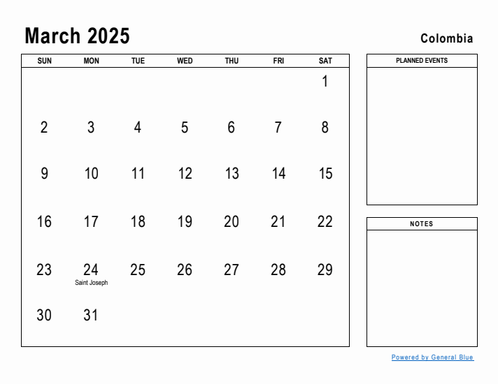 March 2025 Printable Monthly Calendar with Colombia Holidays