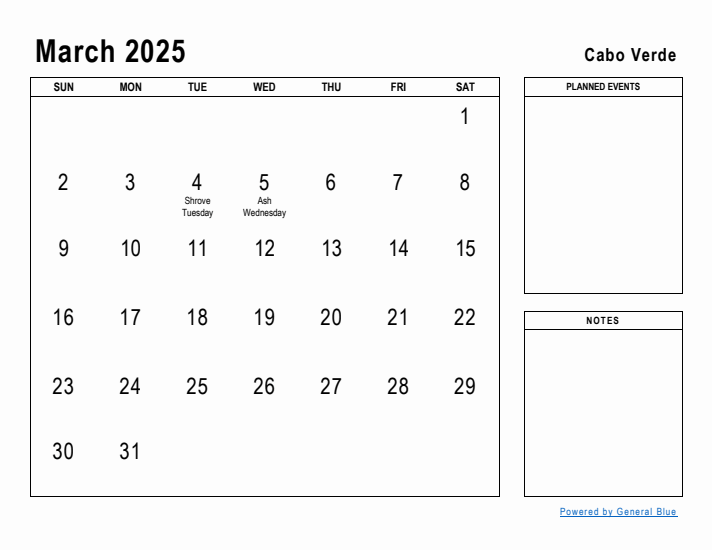 March 2025 Printable Monthly Calendar with Cabo Verde Holidays