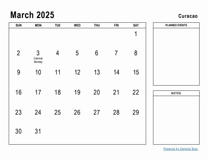 March 2025 Printable Monthly Calendar with Curacao Holidays