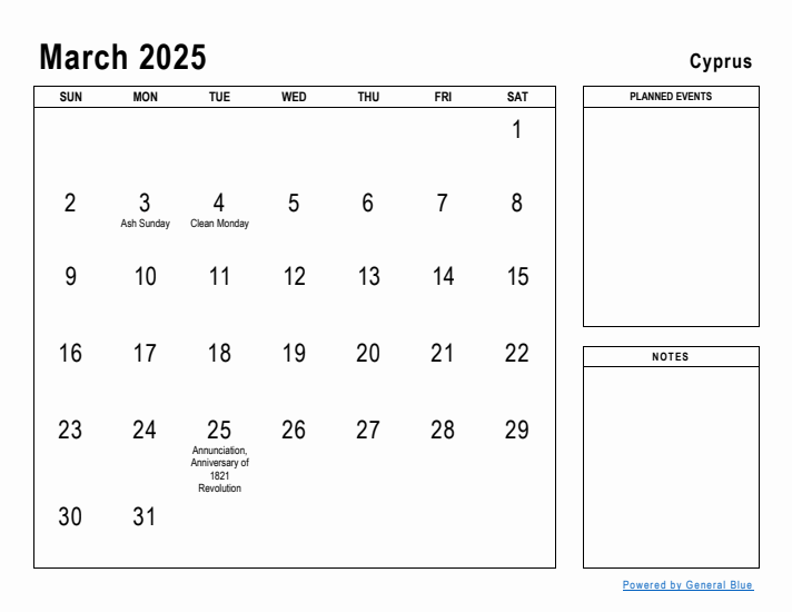 March 2025 Printable Monthly Calendar with Cyprus Holidays