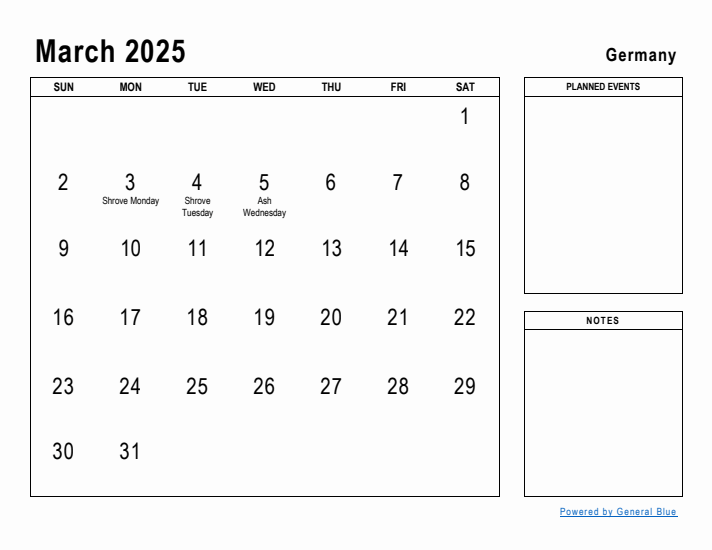 March 2025 Printable Monthly Calendar with Germany Holidays