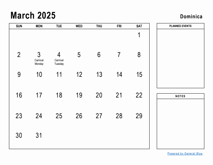 March 2025 Printable Monthly Calendar with Dominica Holidays