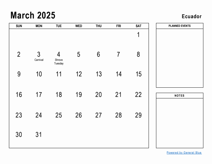 March 2025 Printable Monthly Calendar with Ecuador Holidays