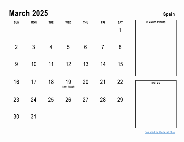 March 2025 Printable Monthly Calendar with Spain Holidays