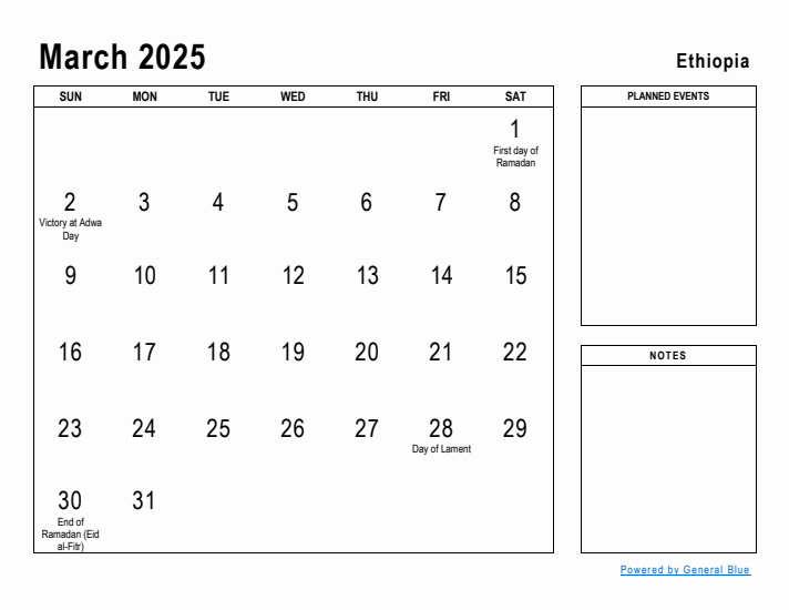 March 2025 Printable Monthly Calendar with Ethiopia Holidays