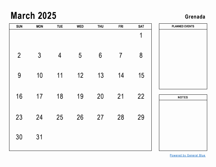 March 2025 Printable Monthly Calendar with Grenada Holidays