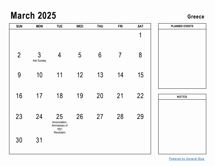 March 2025 Printable Monthly Calendar with Greece Holidays