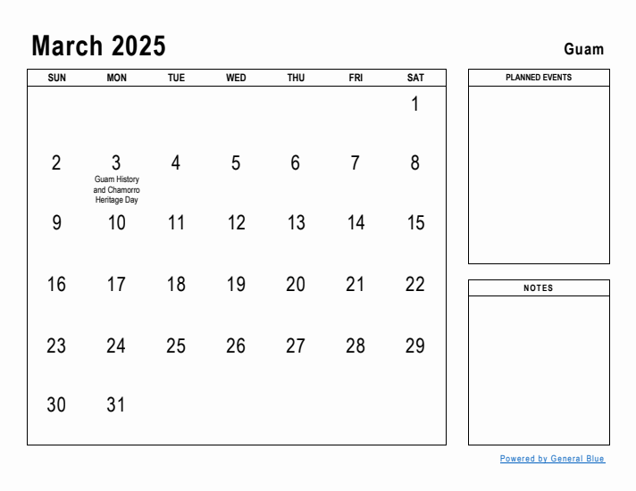 March 2025 Printable Monthly Calendar with Guam Holidays