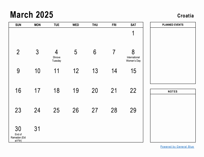 March 2025 Printable Monthly Calendar with Croatia Holidays