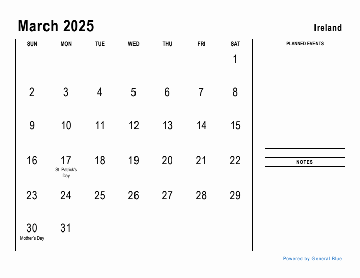 March 2025 Printable Monthly Calendar with Ireland Holidays