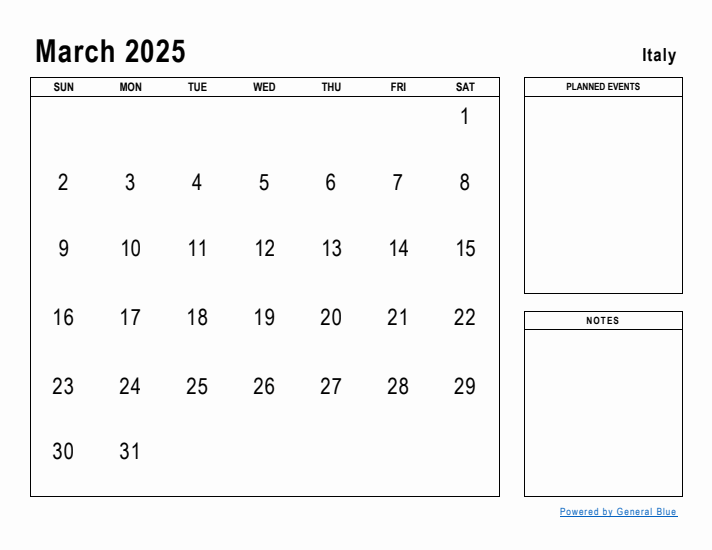 March 2025 Printable Monthly Calendar with Italy Holidays