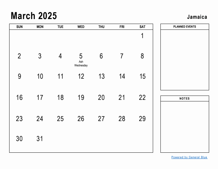 March 2025 Printable Monthly Calendar with Jamaica Holidays