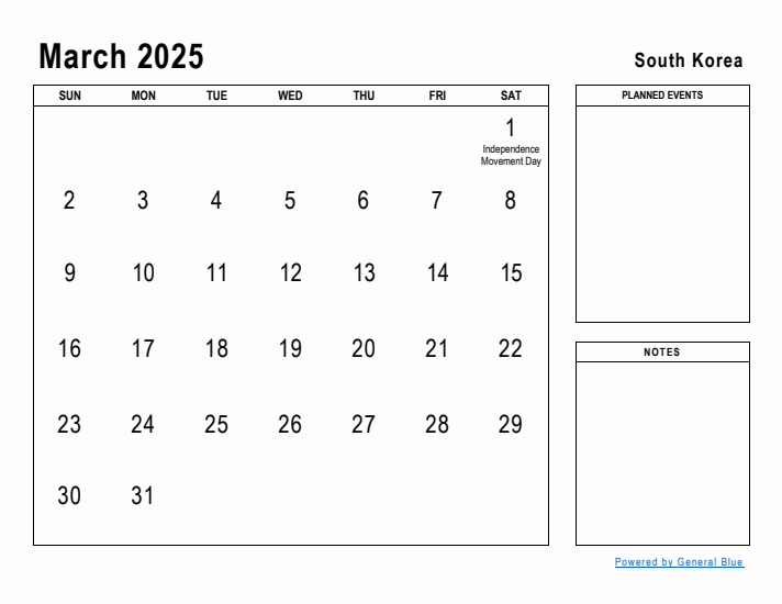 March 2025 Printable Monthly Calendar with South Korea Holidays