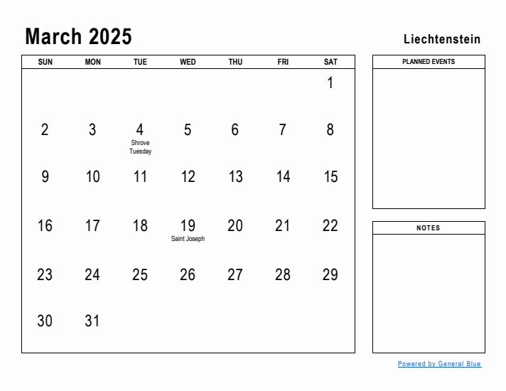 March 2025 Printable Monthly Calendar with Liechtenstein Holidays