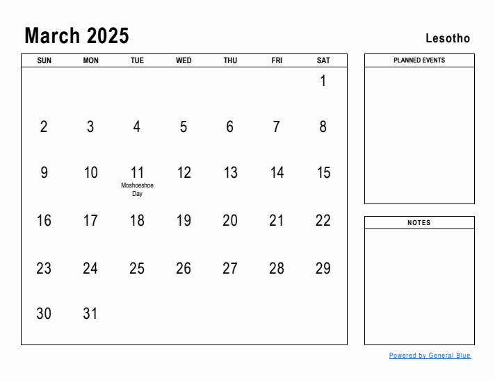 March 2025 Printable Monthly Calendar with Lesotho Holidays